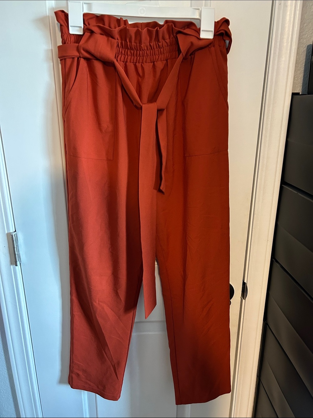 Grace Karin Rust Red Straight Leg Paperbag Waist Pants